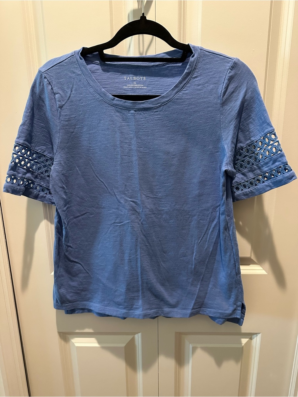 Talbots Blue Short Sleeve Crochet Detail Tee 100% Cotton